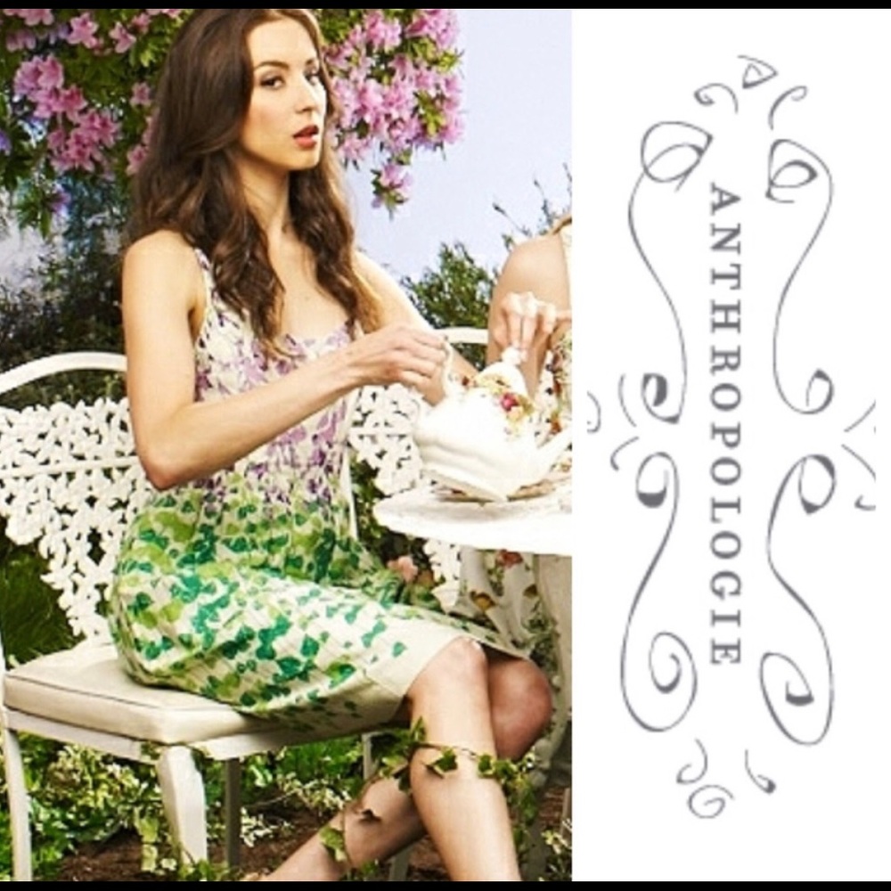 Maeve Anthropologie Green and Purple Floral Dress with Pockets